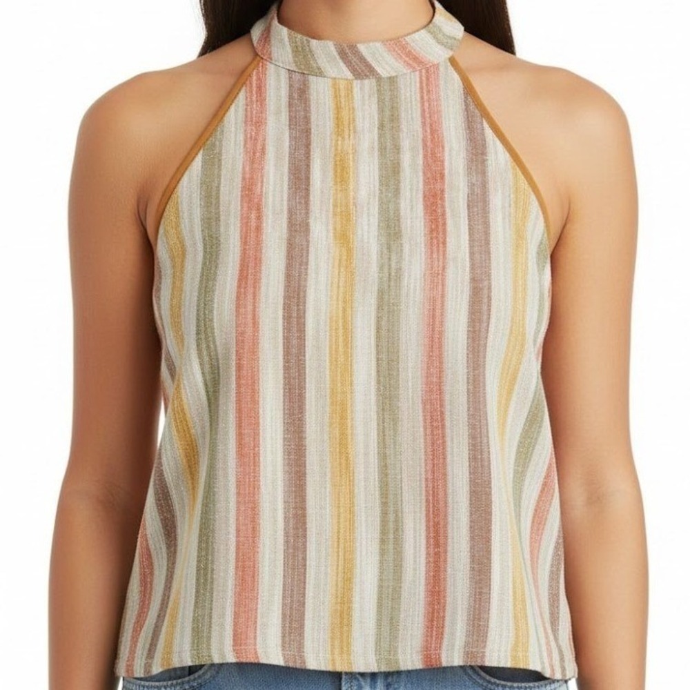 W5 Striped Linen Blend Halter Top M Boho Coastal Grandmother USA Made Summer Top